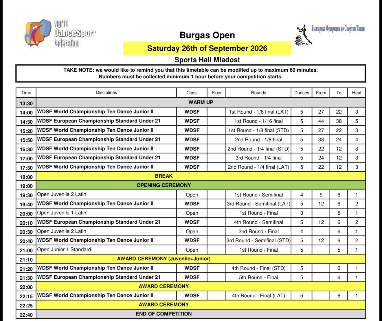 Preliminary schedule for Saturday, Hall 1