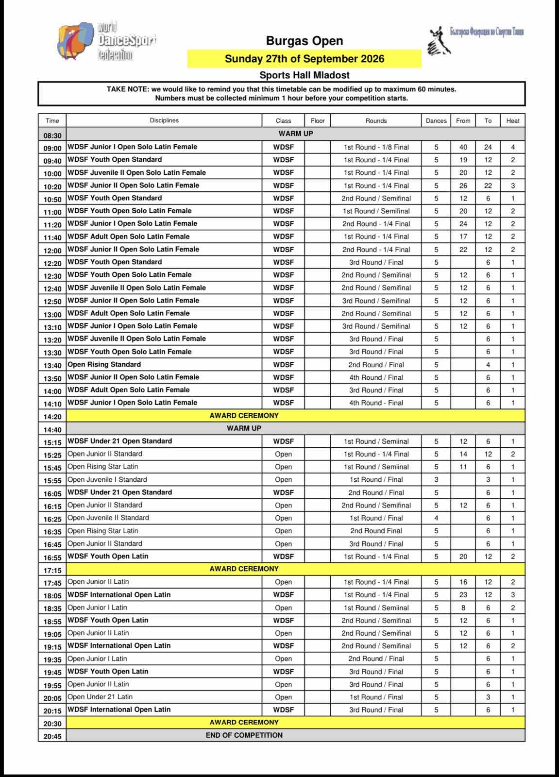 Preliminary schedule for Sunday, Hall 1
